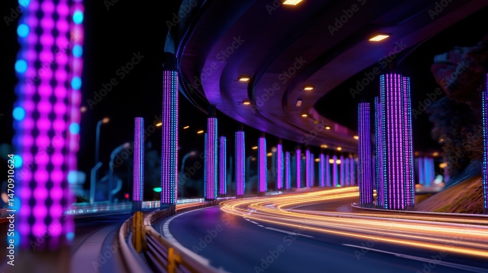 Poster virtual city highway made of data streams, surrounded by glowing binary towers