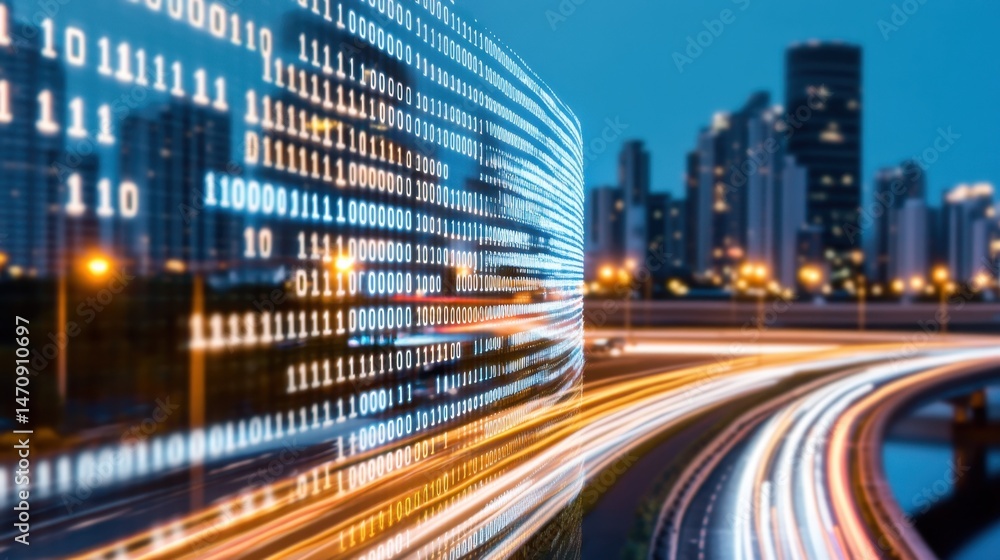 Poster virtual city highway made of data streams, surrounded by glowing binary towers