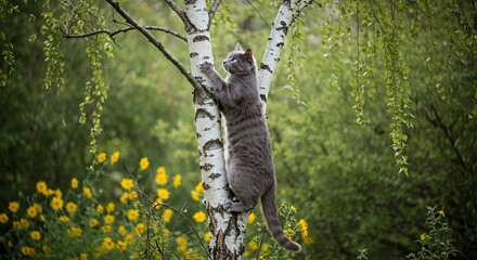Majestic Grey Cat Climbing Silver Birch Tree in Dappled Sunlight and Soft Bokeh of Yellow Flowers