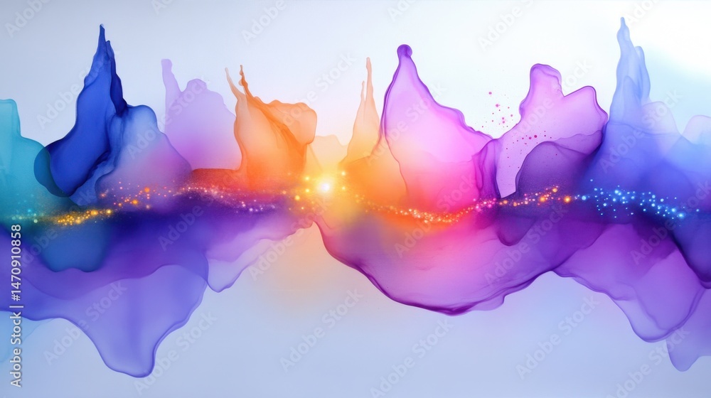 Poster visual representation of music and frequency using pulsing light and colored mist, abstract art