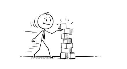 Fototapeta premium Stick figure constructing a stack of cubes, symbolizing achievement and progress