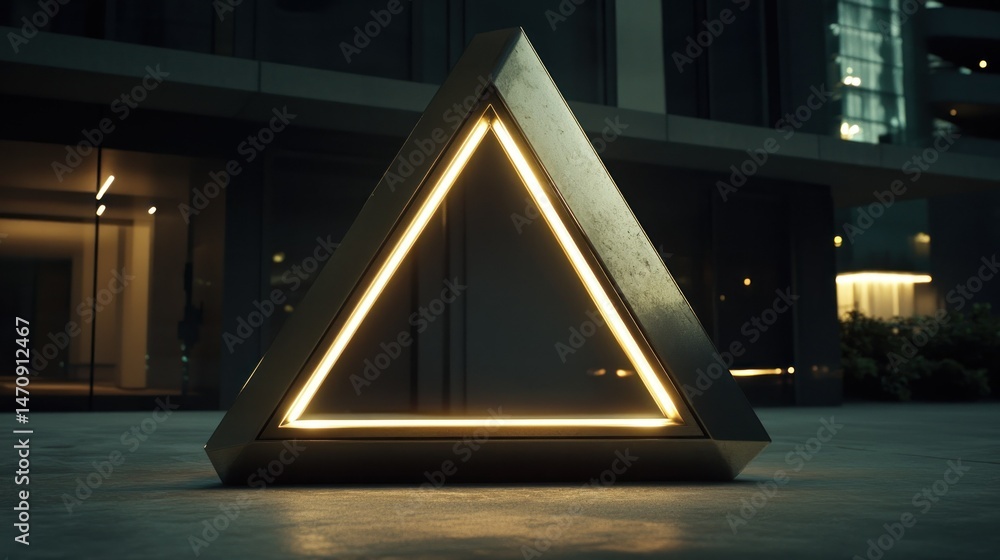 Aufkleber illuminated golden triangle structure stands in front of buildings at dusk
