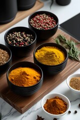 Colorful spices and herbs in black bowls on wooden board. Turmeric, pepper, sage. Cooking ingredients for Indian cuisine. Flat lay for recipe, food blog, Diwali festival