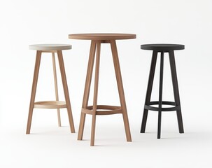 Simple, round, wooden bar stools, in varying shades