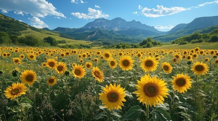 Obraz premium Sunflowers bloom in a valley landscape