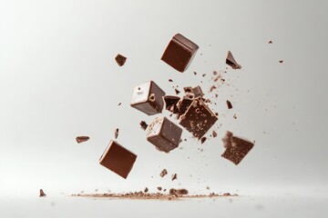 Chocolate cubes in mid-air, breaking apart