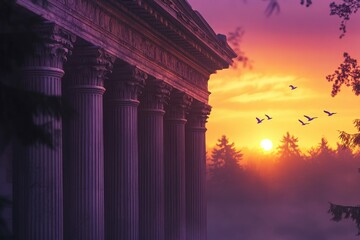 Obraz premium Majestic ancient columns at sunset, birds flying overhead, serene and peaceful atmosphere.