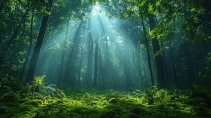 Obraz premium Sunlight streams through lush, green forest