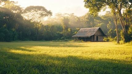 A small rustic cabin sits within a sunny green meadow scene