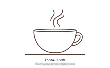 Simple Brown Outline Coffee Cup Icon Design with Steam on White Background