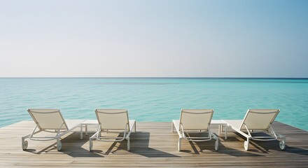 Plakat Tranquil Beach Getaway: Four Luxurious Lounge Chairs Facing a Serene Turquoise Ocean