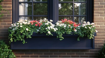 Fototapeta premium Dark-colored window box overflowing with colorful flowers and greenery