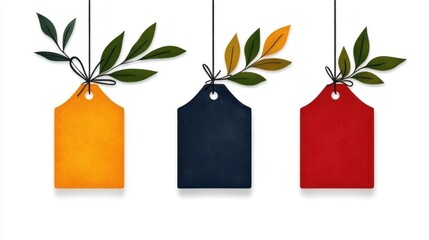 Three Textured Hanging Tags with Autumn Leaves on White Background