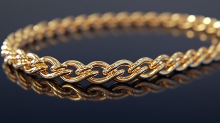 Close up photograph of a golden jewelry chain on black reflective surface