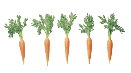Carrots isolated. Carrot on white background. Four carrots with green leaves. Full depth of field. 