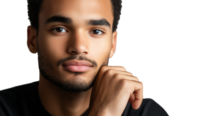 Close up head shot confident serious concentrated young man looking at camera studio portrait, isolated on grey white studio background. Thoughtful millennial guy posing for album photo.