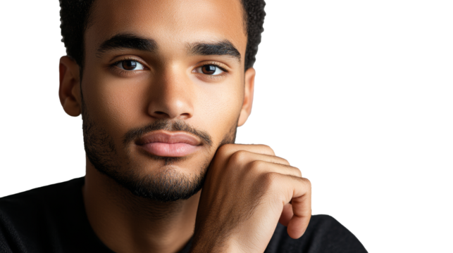 Close up head shot confident serious concentrated young man looking at camera studio portrait, isolated on grey white studio background. Thoughtful millennial guy posing for album photo.