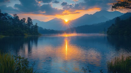 Fototapeta premium Serene sunrise over tranquil lake, mountains shrouded in mist