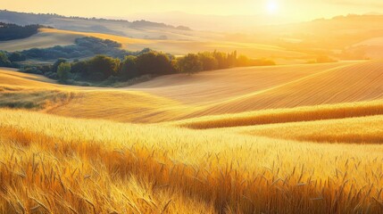 Obraz premium Golden fields with rolling hills at sunrise.