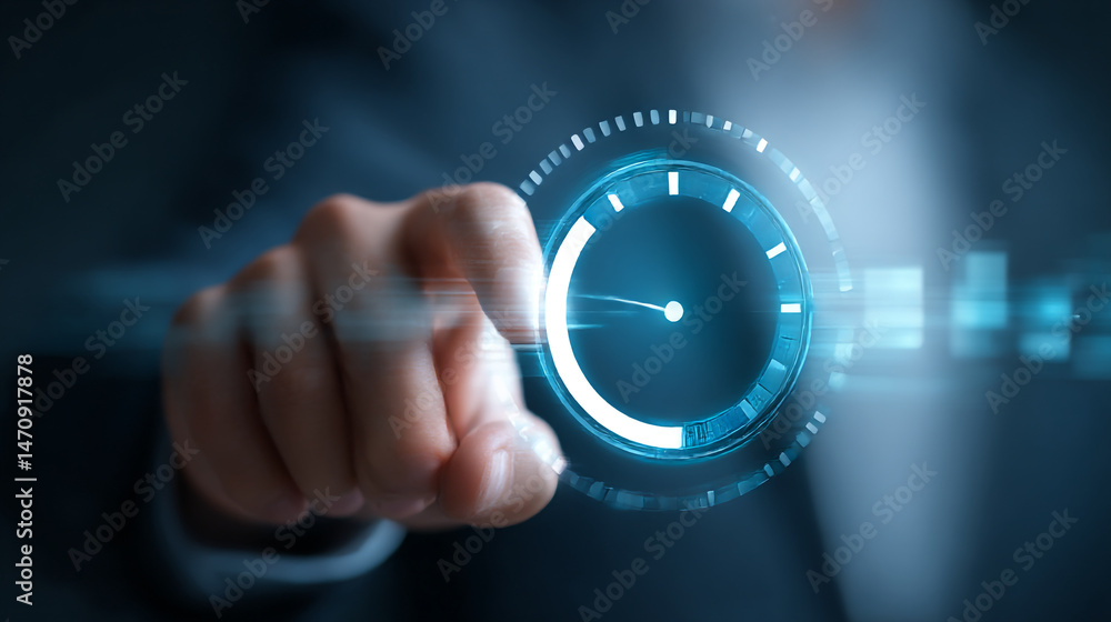 Poster time management productivity efficiency concept with hand touching virtual clock interface