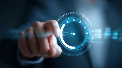 Time management productivity efficiency concept with hand touching virtual clock interface