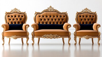 Three antique-style sofas with ornate gold trim and tufted orange upholstery, with dark blue cushions