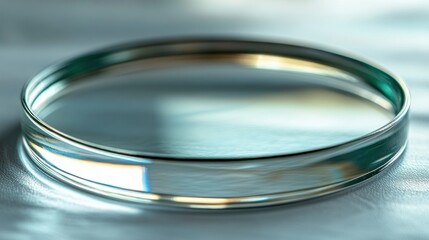 A transparent glass laboratory dish with some reflections on the surface