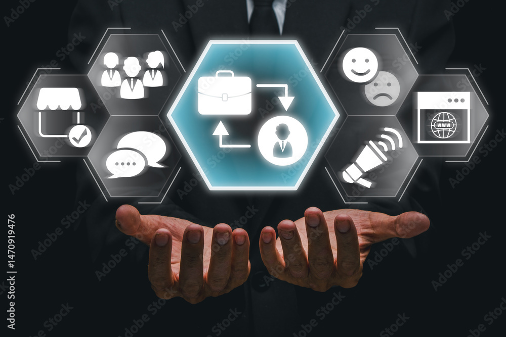 Poster visual representation of business to customer interaction with digital icons highlighting communicat