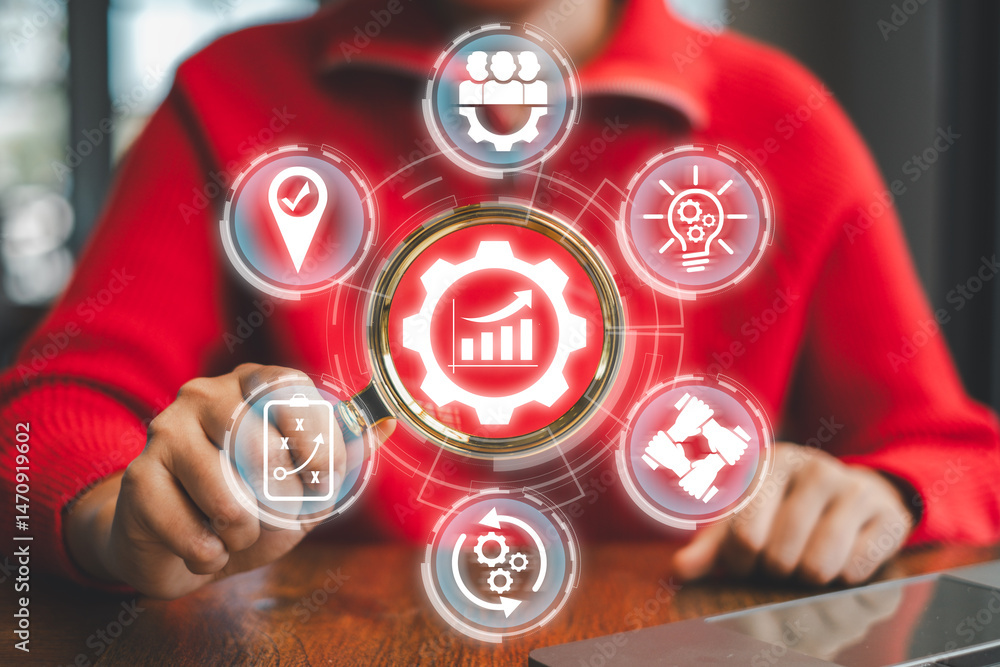 Poster visual representation of efficiency with gear and icons symbolizing productivity, innovation, and op
