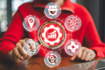 Visual representation of efficiency with gear and icons symbolizing productivity, innovation, and...