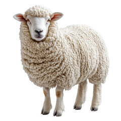 Fototapeta premium Detailed portrait of a standing fluffy sheep against a dark background, showcasing its wool and form