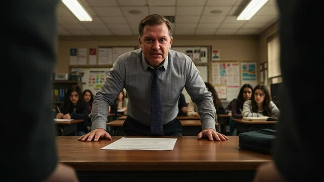 Furious Male Teacher in Classroom Engaging with Students During Lesson Amidst Tension and Emotion