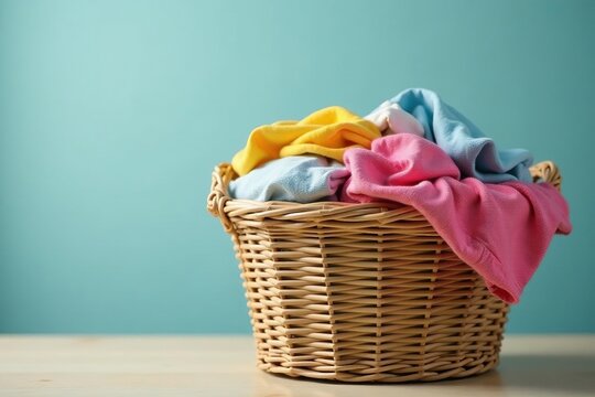 Overfilled woven laundry basket overflowing with clothes , heap, socks