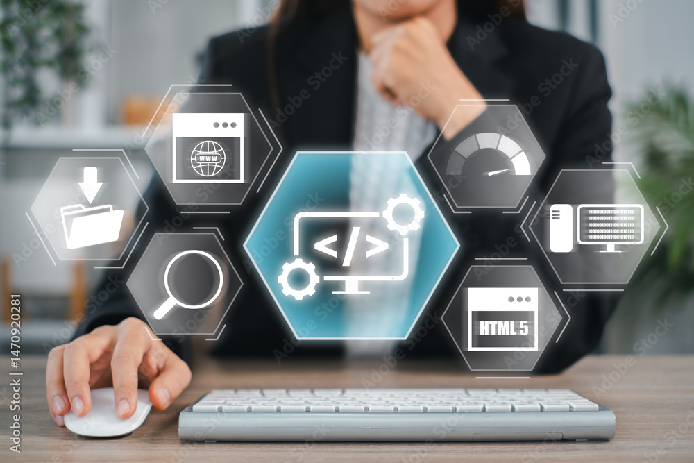 Poster explore a futuristic web development concept showcasing digital interfaces, coding symbols, and tech