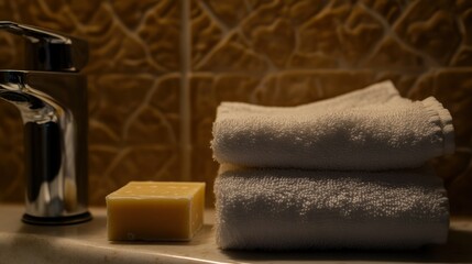 Bathroom scene depicting a faucet soap and folded clean towels