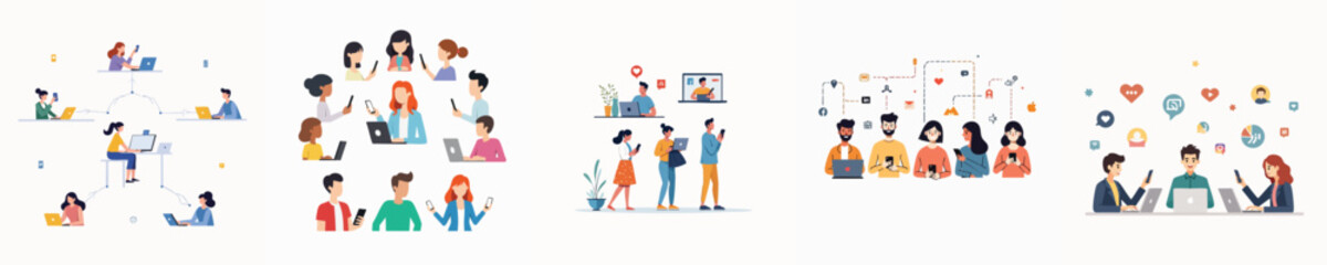 Modern People Communicating and Collaborating through Digital Technology in Flat Vector Style