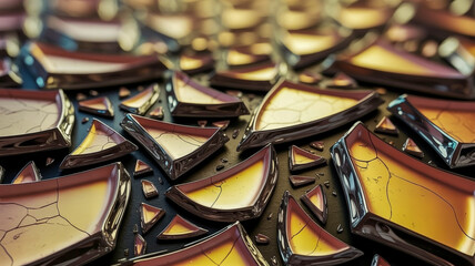 A close-up macro photograph of shattered dark glass fragments creating a geometric pattern. The glass pieces are jagged and angular, with sharp edges and triangular shapes.