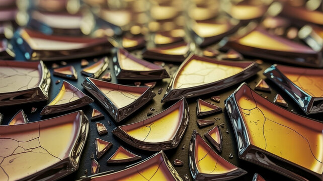 A close-up macro photograph of shattered dark glass fragments creating a geometric pattern. The glass pieces are jagged and angular, with sharp edges and triangular shapes.