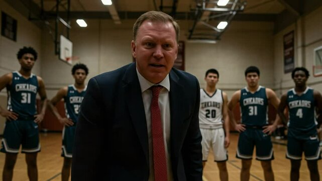 A passionate middle-aged male basketball coach passionately instructs his diverse teenage players during a timeout in a gymnasium, emphasizing the importance of teamwork and strategy in the game. - Powered by Adobe
