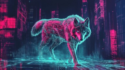 Digital wolf in neon cityscape graphic art.
