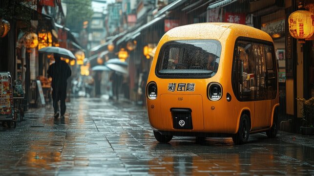 Autonomous vehicle in a Japanese street.  Rainy weather.  Small, yellow, futuristic-looking vehicle parked on a wet pavement.  Pedestrians walking.  Traditional shops and lanterns visible
