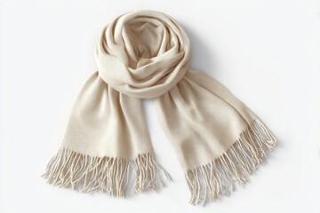 Soft, beige pashmina scarf with delicate fringe. Perfect for adding a touch of elegance to any outfit.