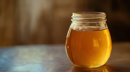 A glass jar holding a liquid with a golden amber color