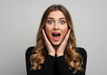 Astonished Young Woman with Long Blonde Hair in Black Top Surprised Expression