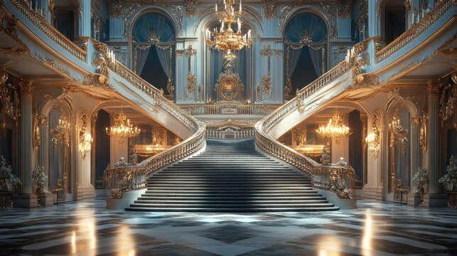 Grand Palace Staircase, opulent ballroom background, fantasy setting, event backdrop