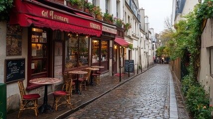 Naklejka premium Scenic Paris Cafe on Cobblestone Street with Red Awning, Tables and Chairs Under Cloudy Sky Featuring Charming Architecture and Lush Greenery