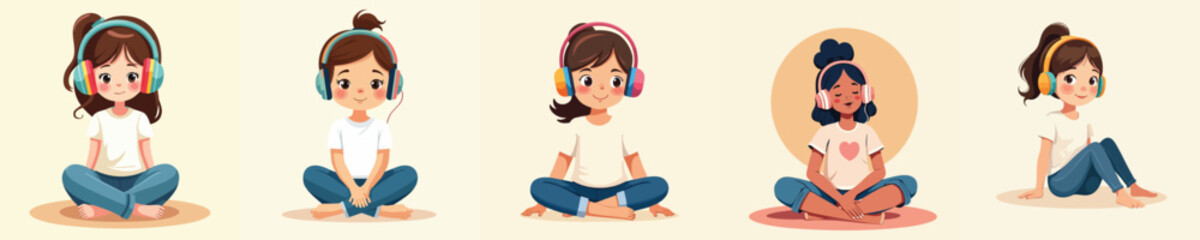 Cute Diverse Kids Listening to Music with Headphones – Vector Illustration for Education, Relaxation & Technology