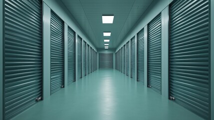 Narrow hallway with lined storage units showcasing modern and clean indoor storage facility
