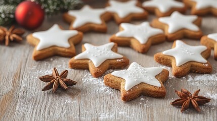 Fototapeta premium Festive Star-Shaped Cookies with Icing and Spices on Wooden Table Surrounded by Christmas Decorations