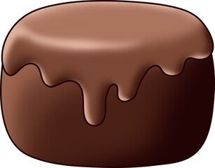 A bite of dark chocolate with choco syrup dripping down it